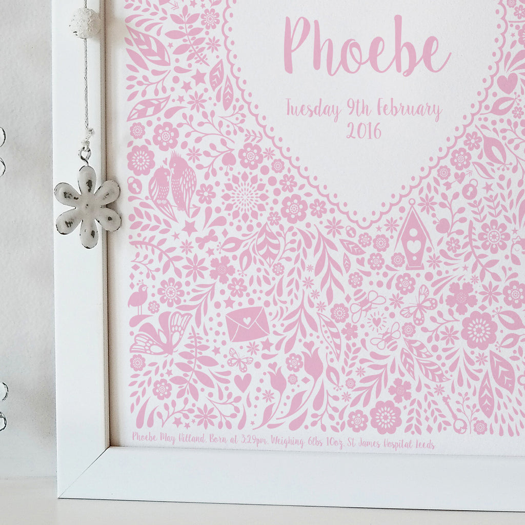 Personalised New Baby Floral Heart Print
