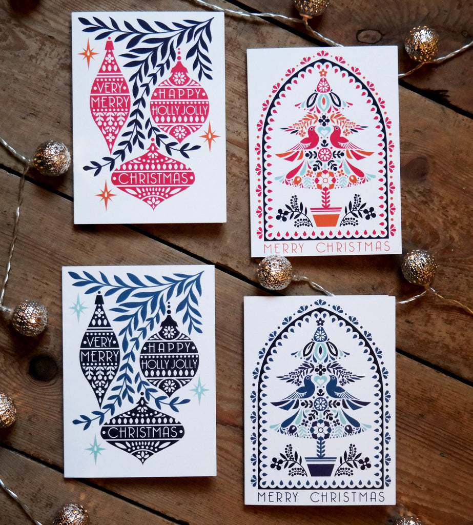 Set Of Eight Folk Christmas Tree And Bauble Cards