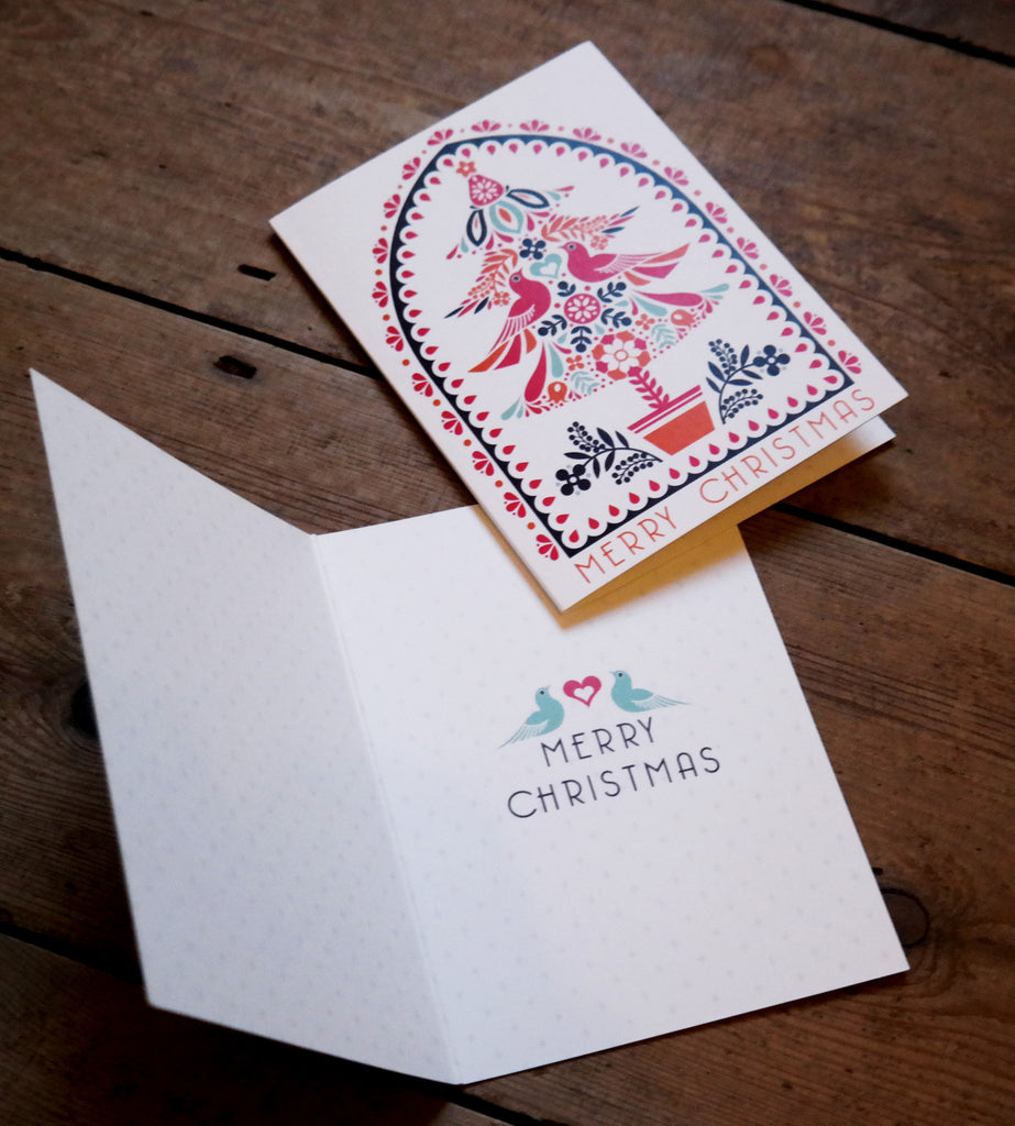 Set Of Eight Folk Christmas Tree And Bauble Cards