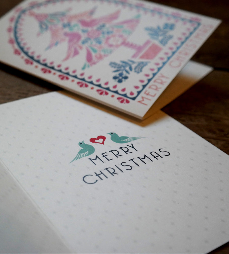 Set Of Eight Folk Christmas Tree And Bauble Cards