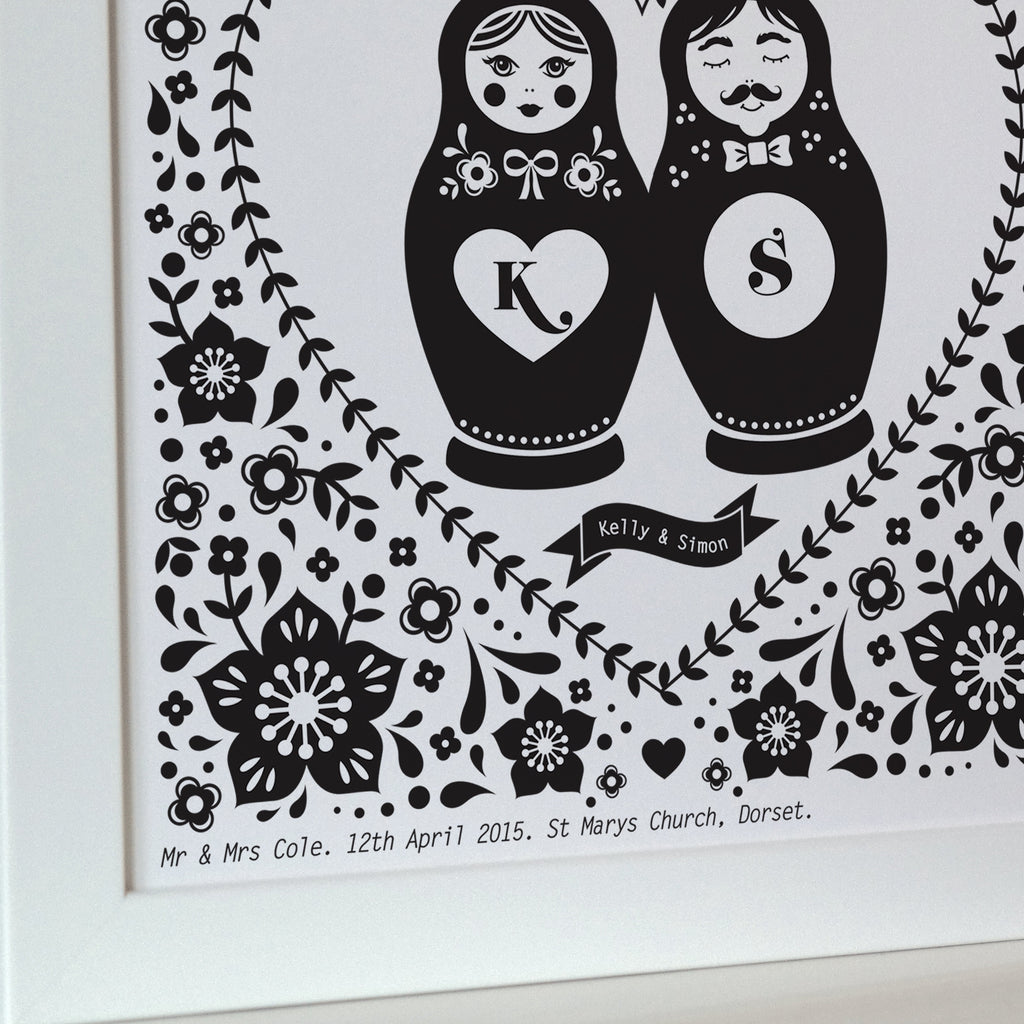 Closeup Russian doll couples art, monochrome